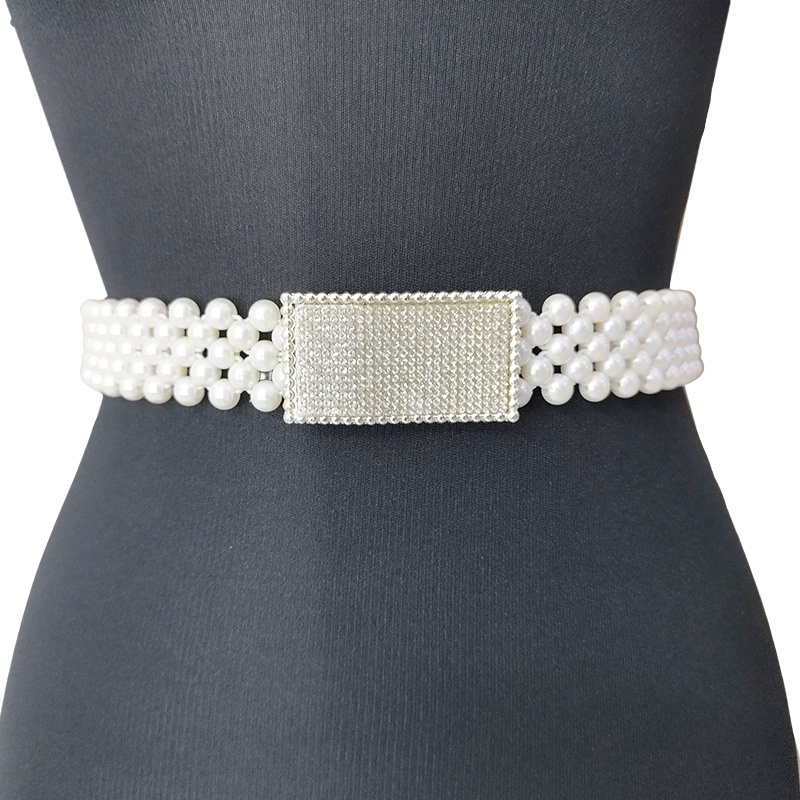 Curea elastica din perle Pearly B, cu catarama metalica decorativa, Silver Frame - 3 | YEO