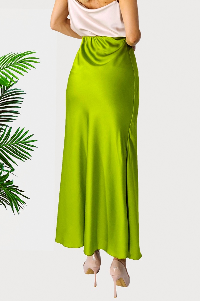 Fusta eleganta Penelope, cu textura satinata si croi lung, Verde olive, Marime S/M/L