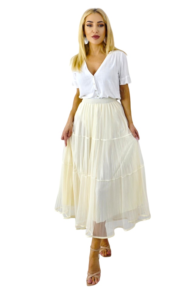 Fusta lunga cu doua fețe, LUNA, aspect plisat si tull, Crem, Marime S/M/L