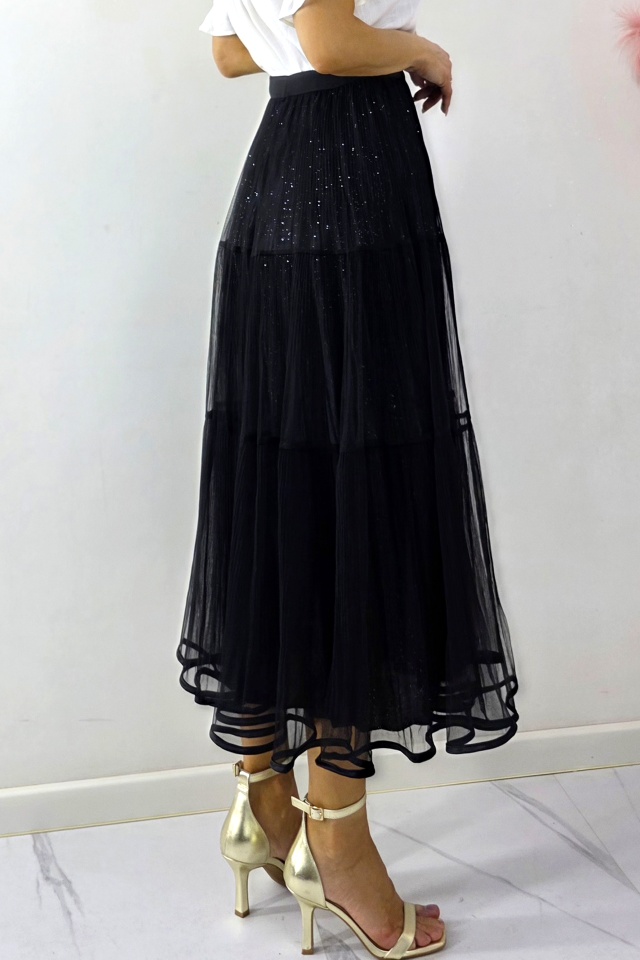 Fusta lunga cu doua fețe, LUNA, aspect plisat si tull, Negru, Marime S/M/L