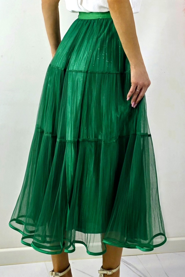 Fusta lunga cu doua fețe, LUNA, aspect plisat si tull, VERDE, Marime S/M/L