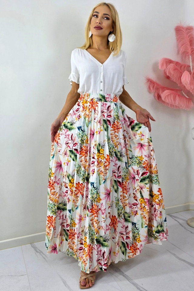 Fusta lunga de vara, plisata ALVINA cu imprimeu floral, Orange, Marime S/M