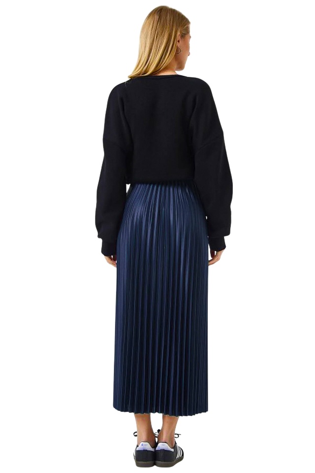 Fusta lunga plisata BRISEL, cu textura satinata, Bleumarin - 1 | YEO