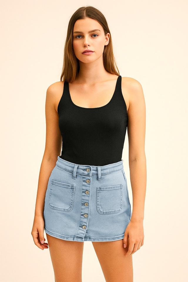 Fusta pantaloni scurti, denim SORELL, cu buzunare si nasturi, Albastru deschis