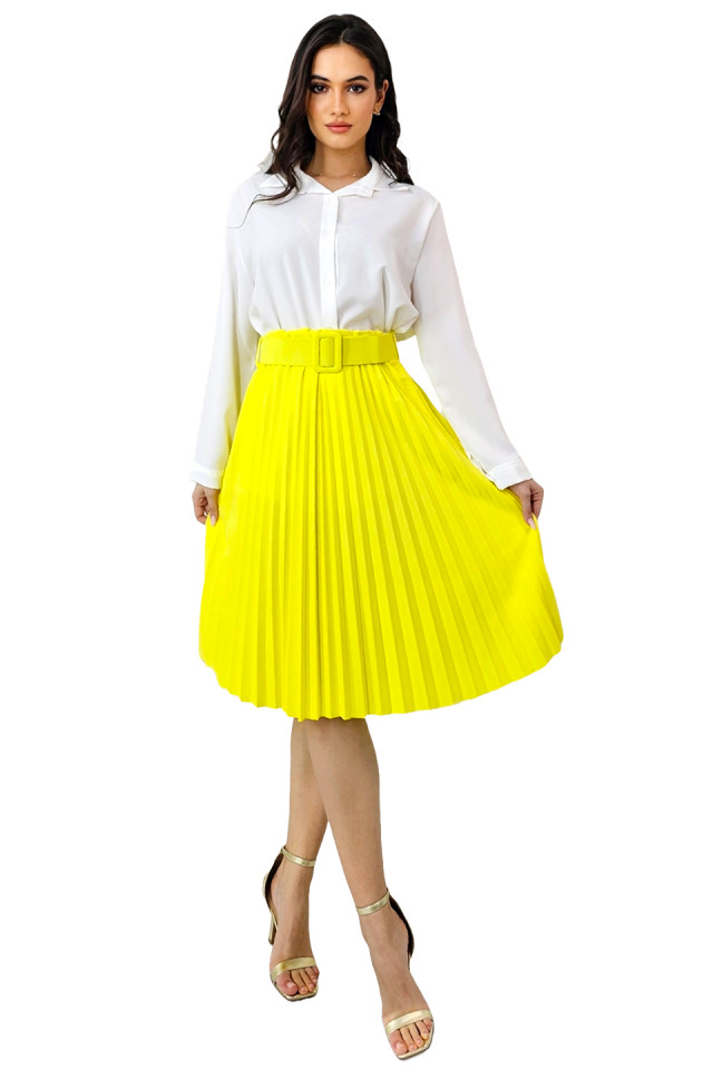 Fusta plisata eleganta Carmen, curea de aceeasi culoare inclusa, Galben, Marime S/M