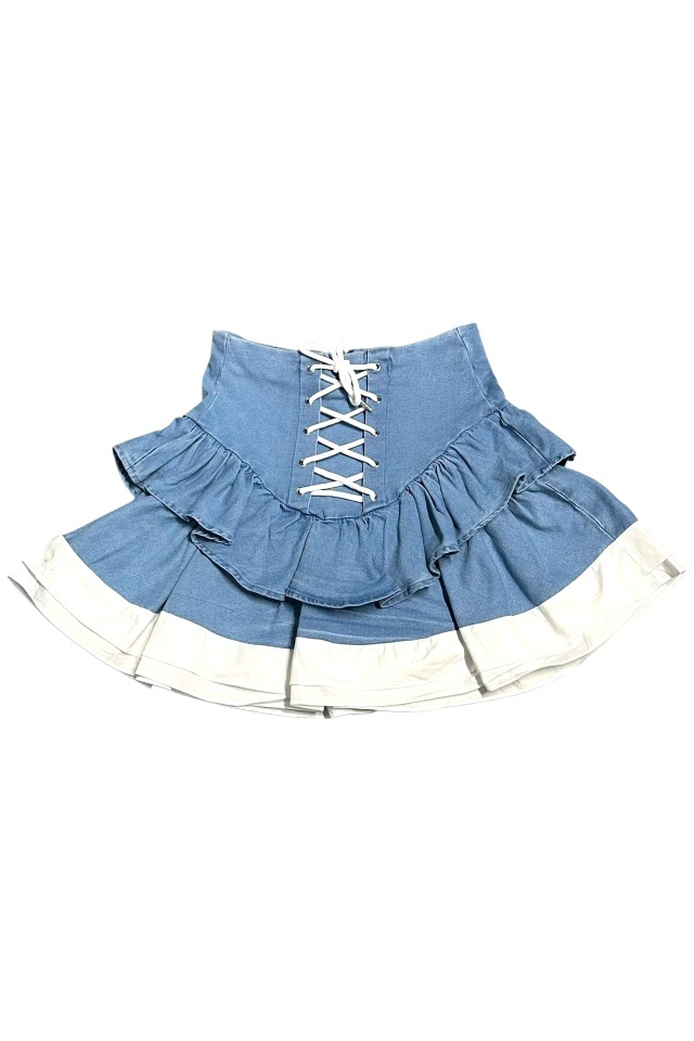 Fusta scurta denim CIELO, cu snururi si volane, Albastru deschis