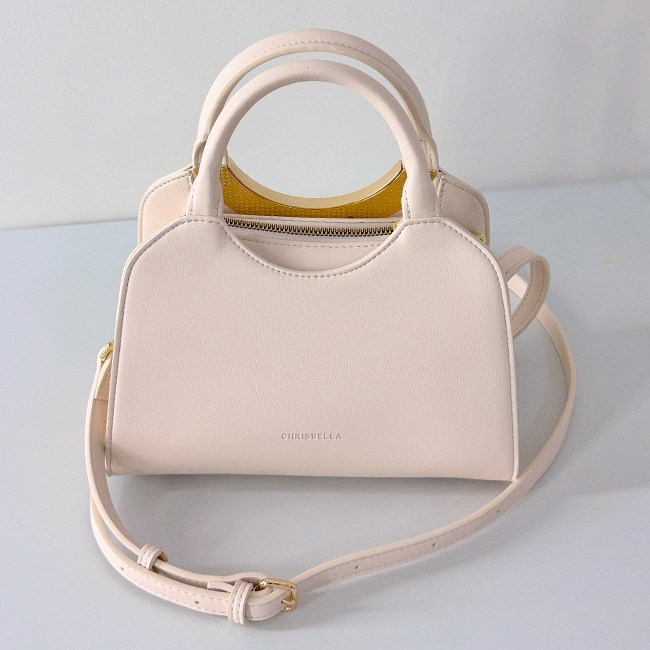Geanta crossbody eleganta accesorizata, CHRYS B, din piele ecologica si toarte rotunde, Crem - 2 | YEO