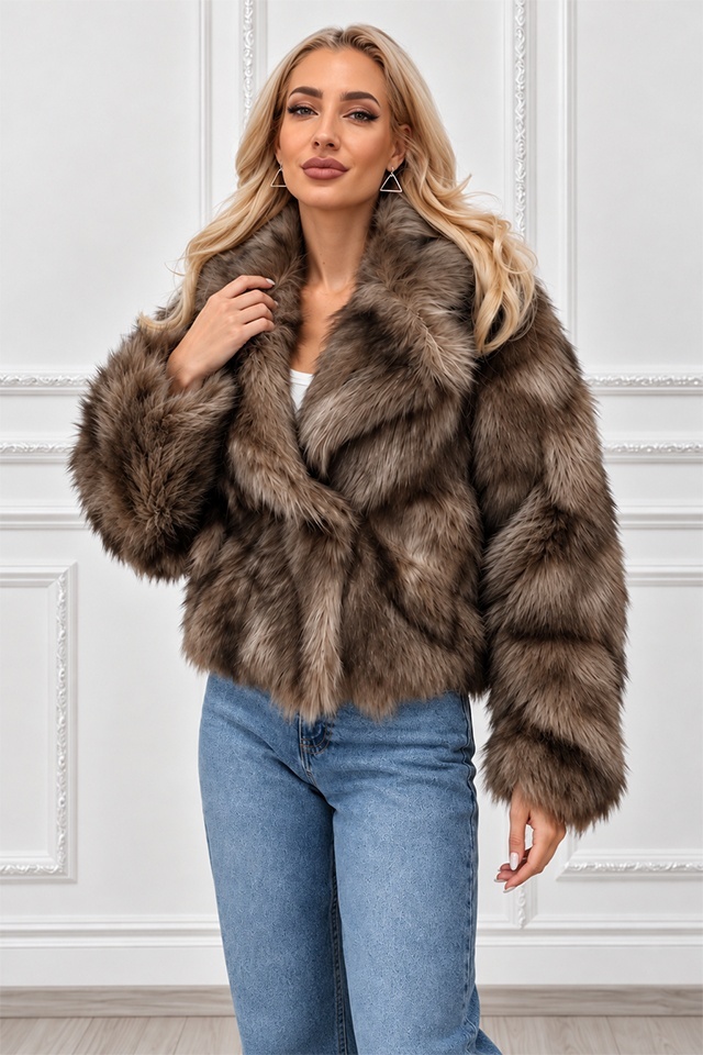 Haina animal print Ysolde din blana ecologica, cu interior satinat, BEJ, Marime S/M — imaginea 2