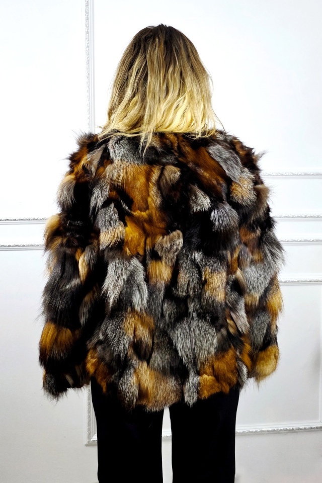 Haina de dama din blana naturala de vulpe FELYNA, croi mediu, Bej/Gri, Marime S/M/L - 1 | YEO