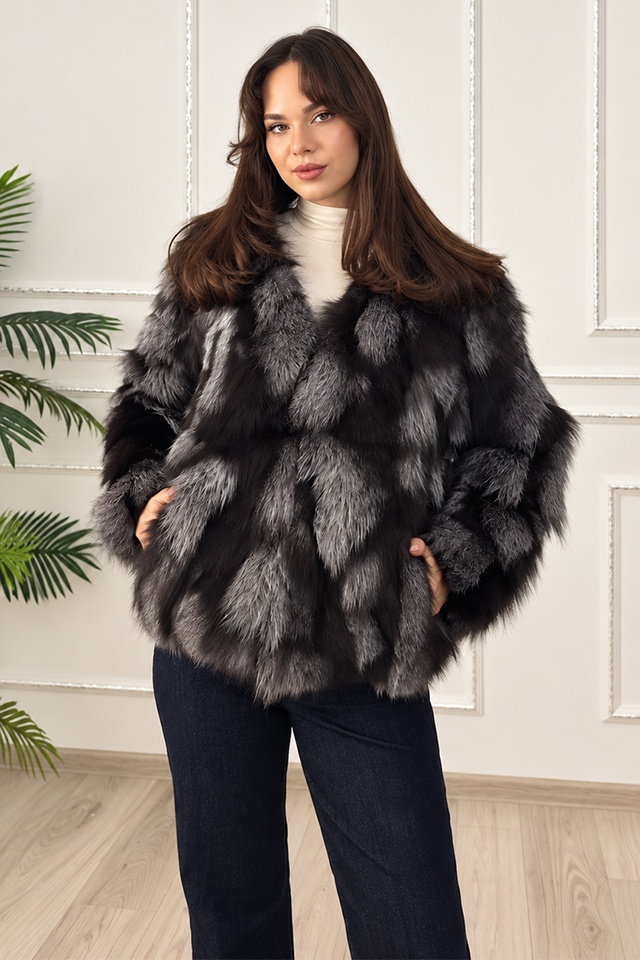 Jacheta din blana naturala de vulpe FELYNA, cu inchidere metalica, Negru/Gri, Marime S/M/L — imaginea 2