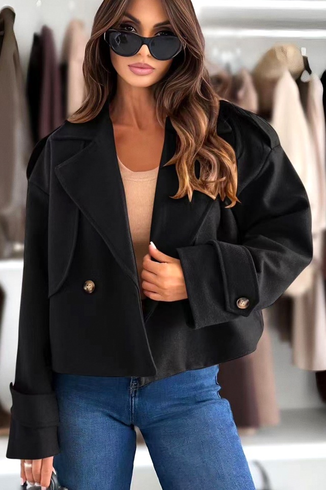 Jacheta eleganta tip fleece Vespera, cu revere si nasturi, Negru, Marime S/M