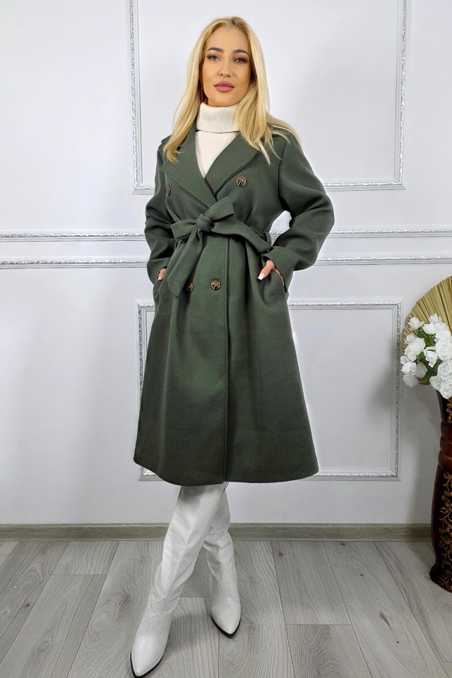 Palton captusit Melanda, cu nasturi si cordon, Verde inchis, Marime S/M/L