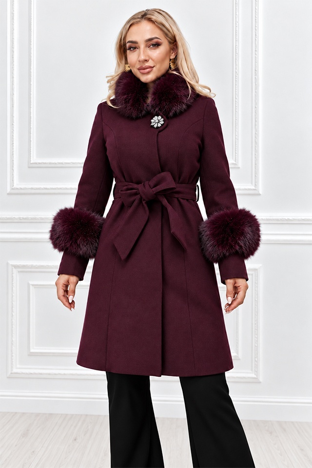 Palton dama VELORIA, cu lana, blanita detasabila si cordon detasabil, Burgundy — imaginea 6