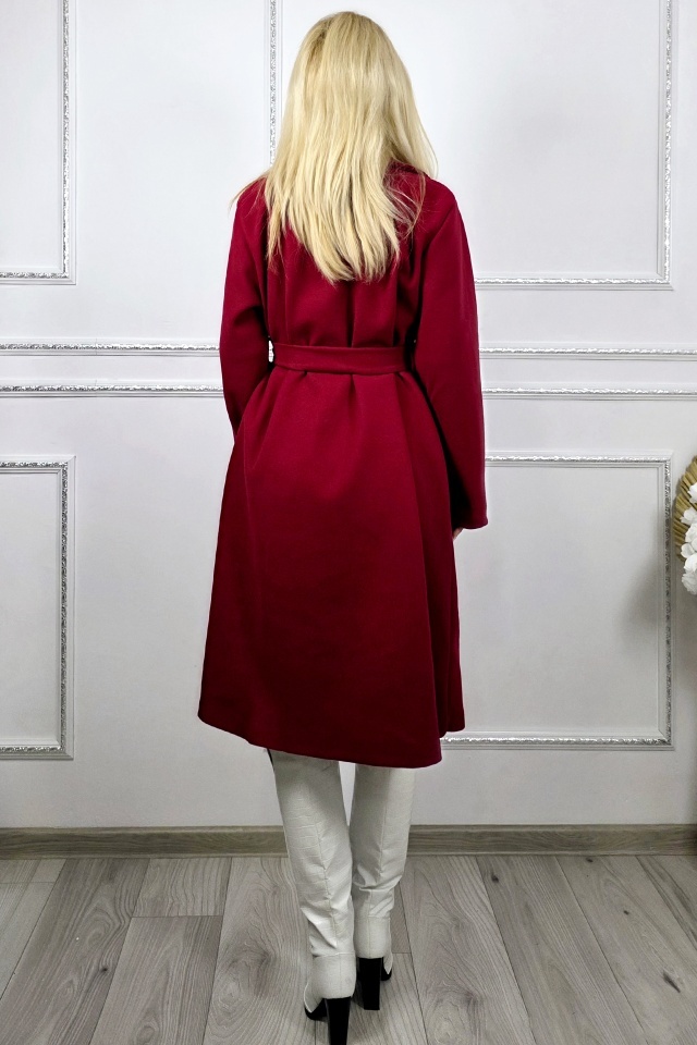 Palton de dama, midi Melanda, cordon detasabil si nasturi, Rosu grena, Marime S/M/L