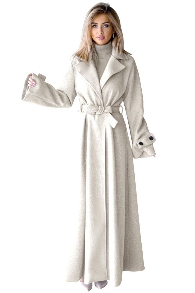 Palton lung cu nasturi Merina, falduri si cordon, Alb, Marime S/M