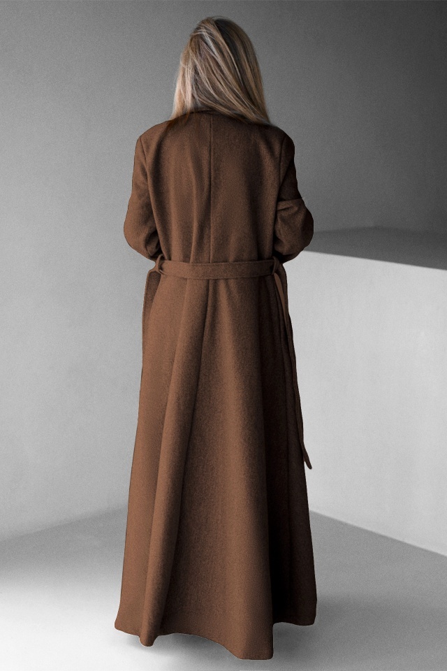 Palton lung cu nasturi Merina, falduri si cordon, Maro, Marime S/M