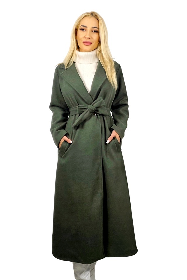 Palton lung de dama Camilla, inchidere cu nasturi si cordon, Verde, Marime S/M