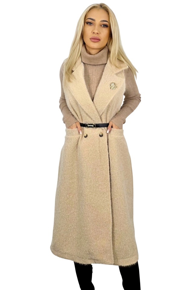 Palton lung fara maneci SILVANA, cu brosa si curea incluse, Crem, Marime S/M/L