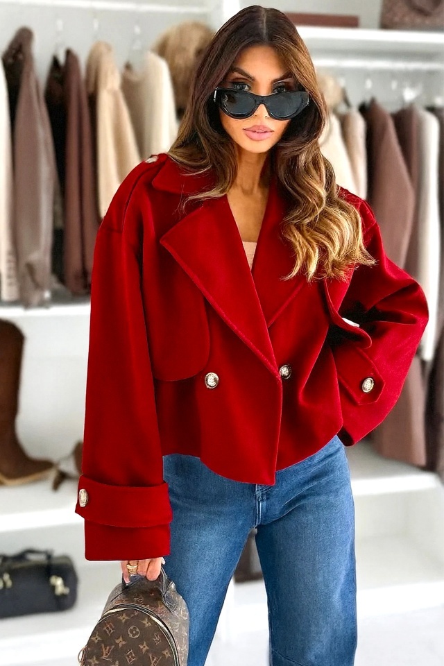 Palton scurt tip fleece Vespera, cu revere si nasturi, Rosu, Marime S/M