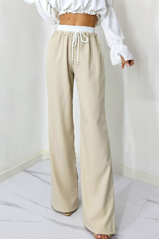 Pantaloni casual ALEF, croiala wide leg si snur in talie, Crem, Masura S/M/L - 3 | YEO