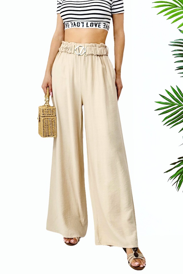 Pantaloni casual DIAFAN, croi lejer wide leg si curea decorativa, Bej, Marime S/M/L