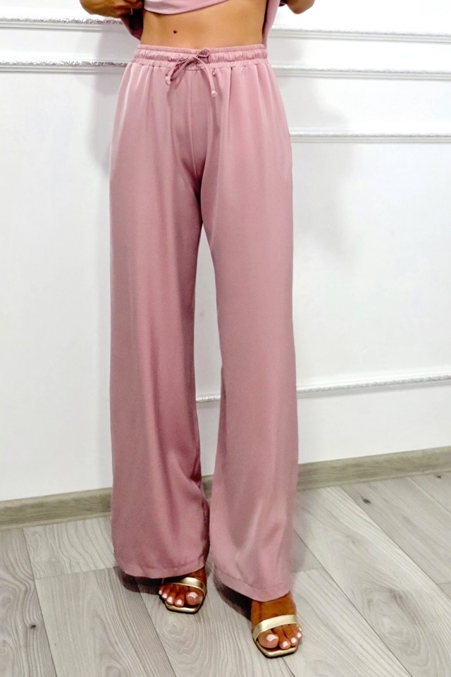 Pantaloni casual vaporosi NORYA, croi larg cu banda elastica, Roz prafuit - 2 | YEO