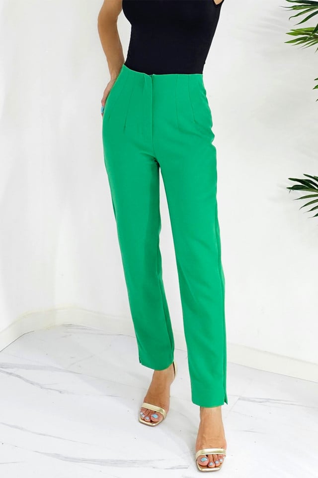 Pantaloni eleganti, ChicMe, croiala conica si buzunare, Verde smarald - 2 | YEO