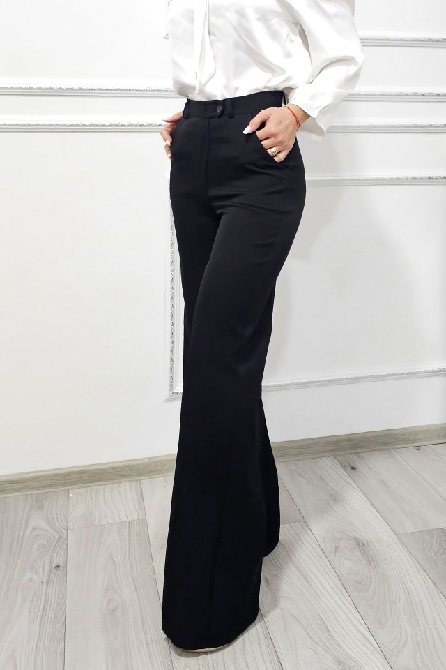 Pantaloni eleganti LALY, croi drept wide leg si buzunare laterale, Negru - 3 | YEO