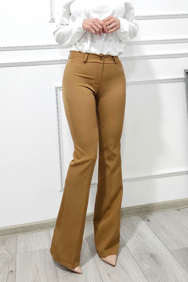 Pantaloni office Katte, croiala slim evazata si talie inalta, Bej Mocha Mousse - 2 | YEO