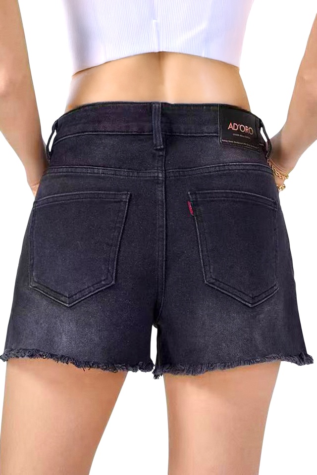 Pantaloni scurti de blugi La PAZ, cu talie inalta si tiv franjuri, Negru prespalat - 1 | YEO