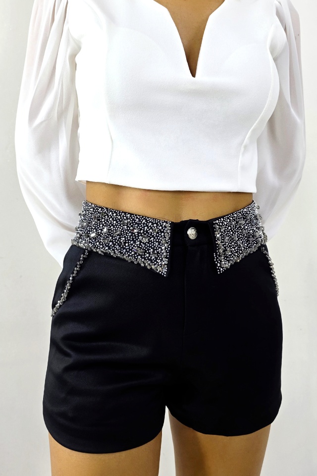Pantaloni scurti eleganti MAVY, accesorizati cu cristale si detalii artizanale, Negru - 3 | YEO