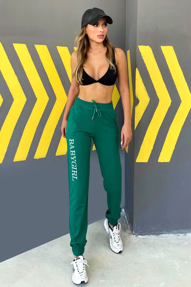 Pantaloni sport ISSA BabyGirl, cu imprimeu si banda elastica, Verde - 3 | YEO