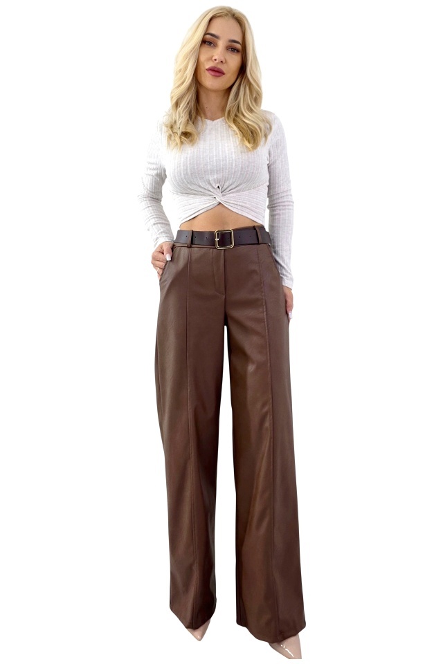 Pantaloni vatuiti Leonis, din piele ecologica, cu buzunare si curea asortata, Maro, Marime S/M