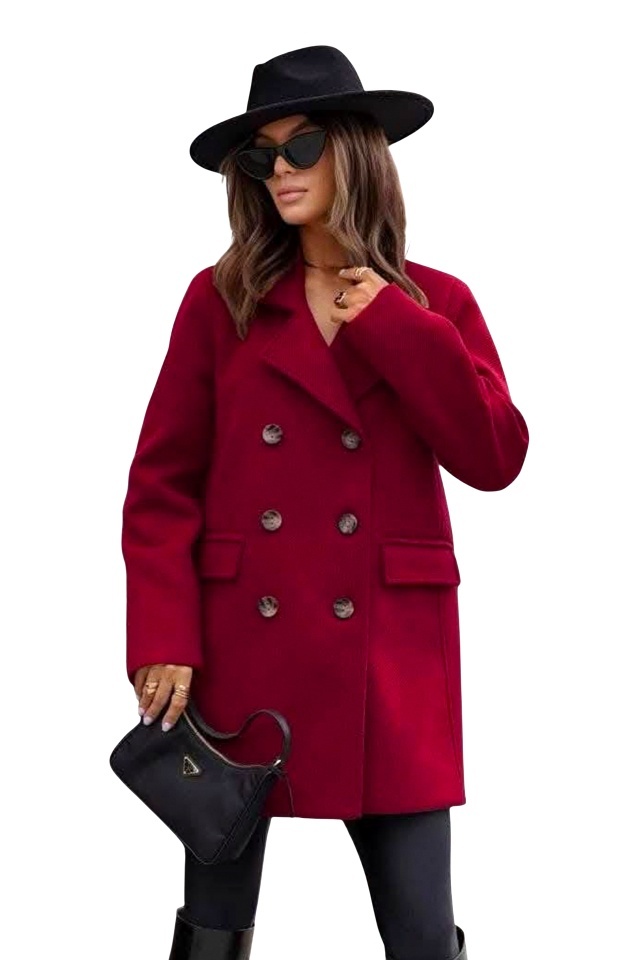 Pardesiu cu nasturi Adriana, croi oversize si revere scurte, Visiniu, OneSize S/M/L/XL