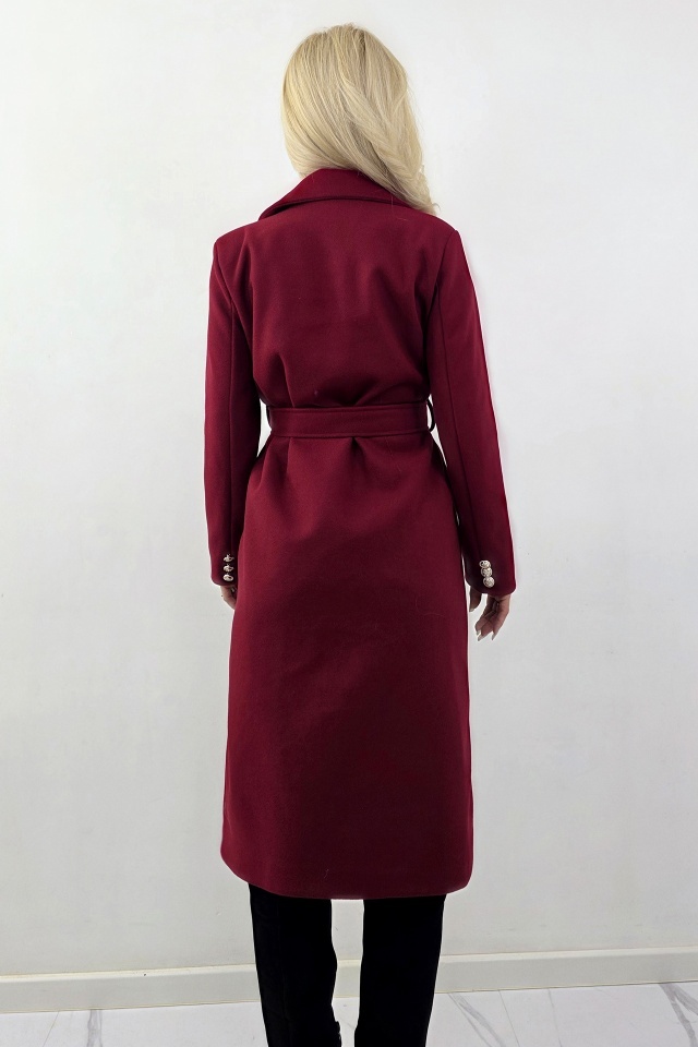 Pardesiu subtire, midi, AVELYN, cu butoni aurii si cordon, Rosu bordo