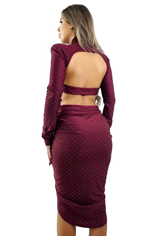 Rochie asimetrica, decupata NYVARA, cristale si cupe buretate, Burgundy, Marime S/M