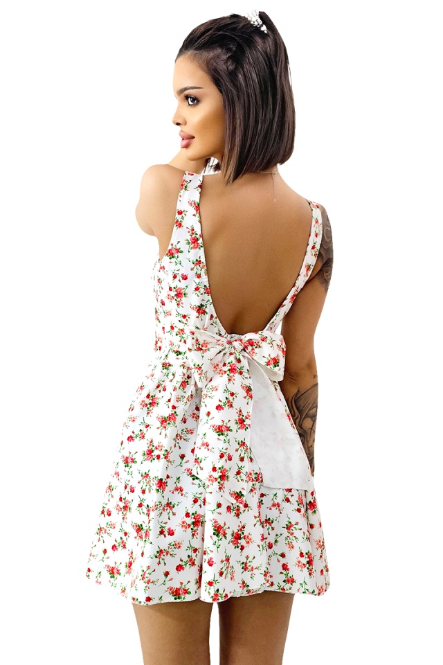 Rochie babydoll MARA, cu funda la spate si imprimeu floral, Alb, Marime S/M/L