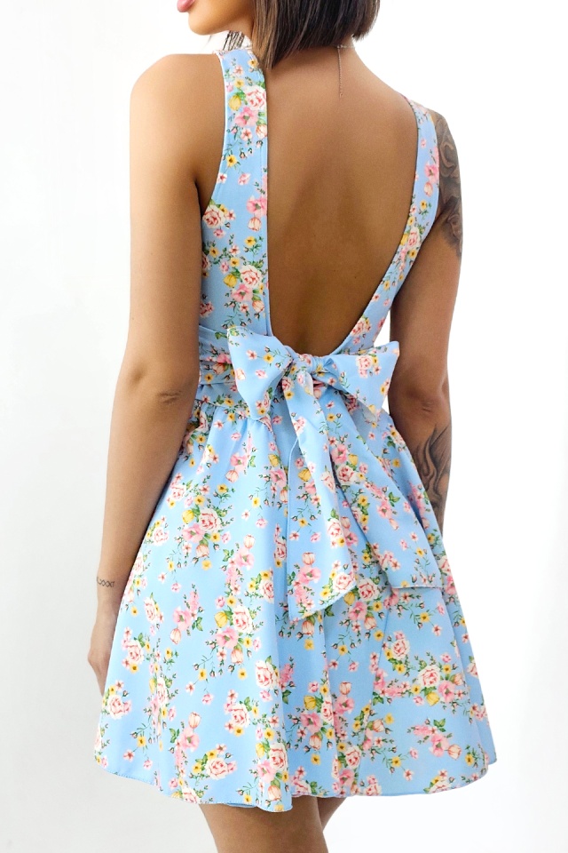 Rochie babydoll MARA, cu funda la spate si imprimeu floral, Albastru baby blue, Marime S/M/L