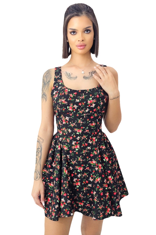 Rochie babydoll MARA, cu funda la spate si imprimeu floral, Negru, Marime S/M/L