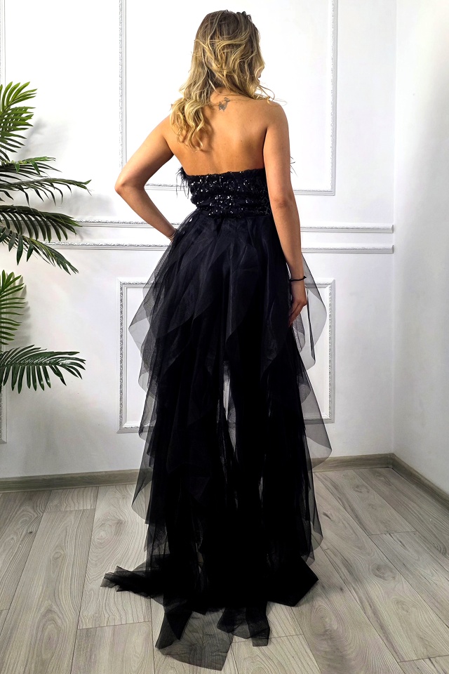 Rochie banchet PRAM Party, cu rejansa din pene de strut, Negru - 1 | YEO