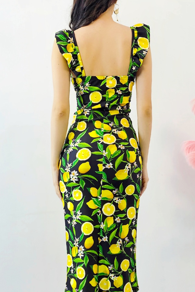 Rochie bodycon Ditsy, sliț adanc si imprimeu cu lămâi, Negru, Marime S/M