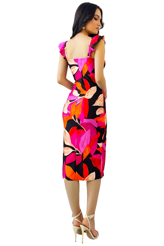 Rochie bodycon Ditsy, sliț adanc si imprimeu floral, Negru/Fucsia, Marime S/M