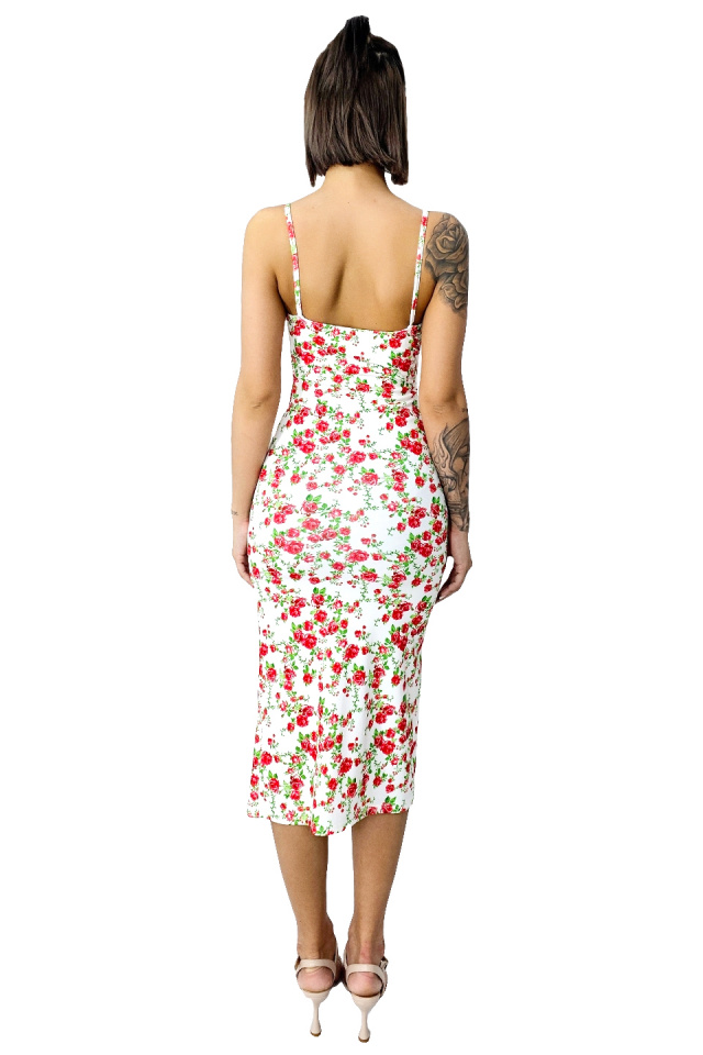 Rochie bodycon Drosera, cu dantela si imprimeu floral, Alb/Rosu, Marime S/M