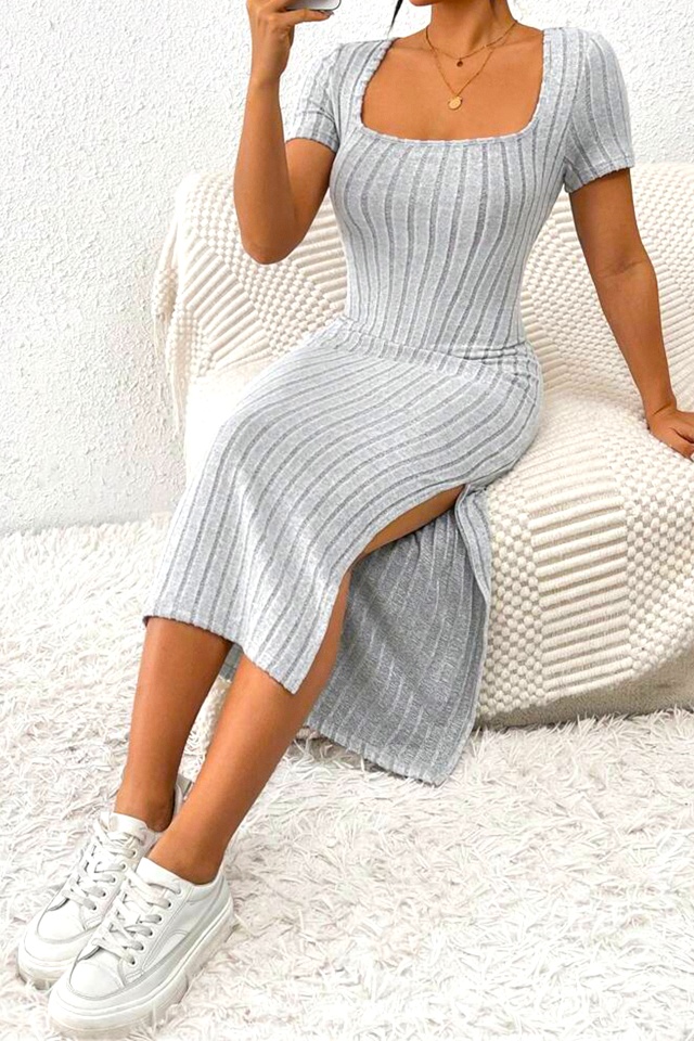 Rochie casual FeeL tricot ALIZA, cu slit lateral si maneca scurta, Gri, M/ - 2 | YEO