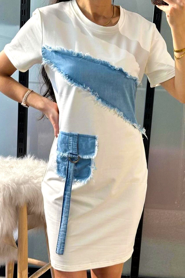 Rochie casual Nymar, cu detalii din denim si maneca scurta, Alb