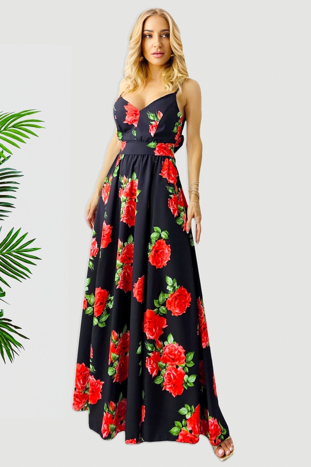 Rochie cocktail Fernanda, croi semidecupat si funda la spate, Black Roses, Marime S/M/L