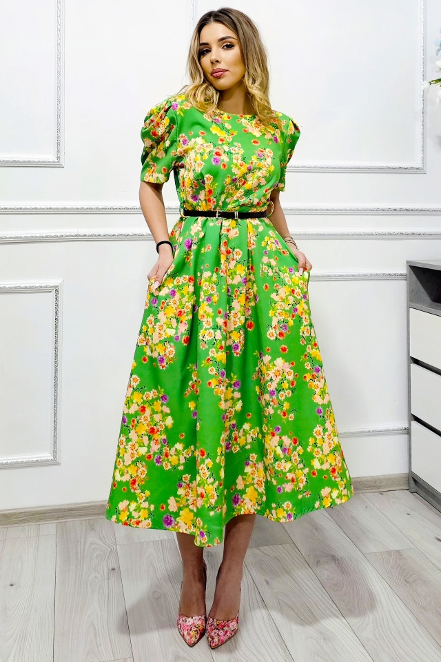 Rochie cu buzunare SOREYA, cu maneca bufanta si curea in ton, Verde Floral, Marimea S/M - 3 | YEO