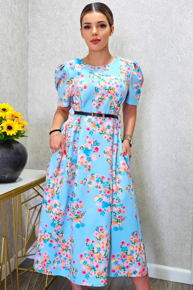 Rochie cu buzunare SOREYA, maneca bufanta si curea subtire, Albastru Floral, Marimea S/M