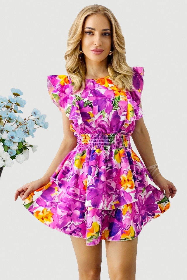 Rochie cu imprimeu floral Cezarina, croi scurt si volane, Mov, Marime S/M