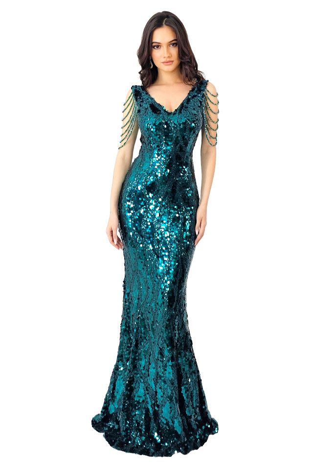 Rochie de eveniment Majestic, cu paiete, cristale si croiala tip sirena, Verde marin